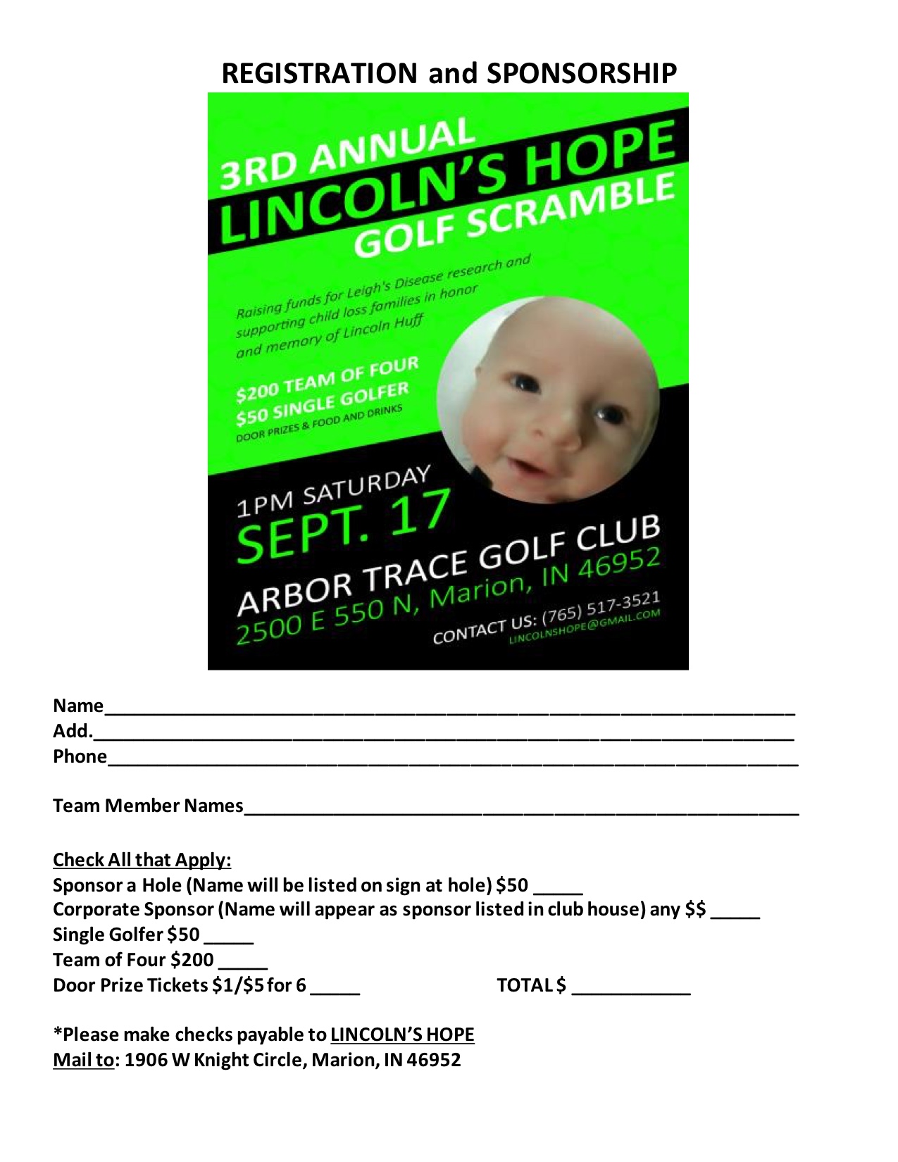 Lincoln's Hope Scramble REGISTRATION and SPONSORSHIP form 2016